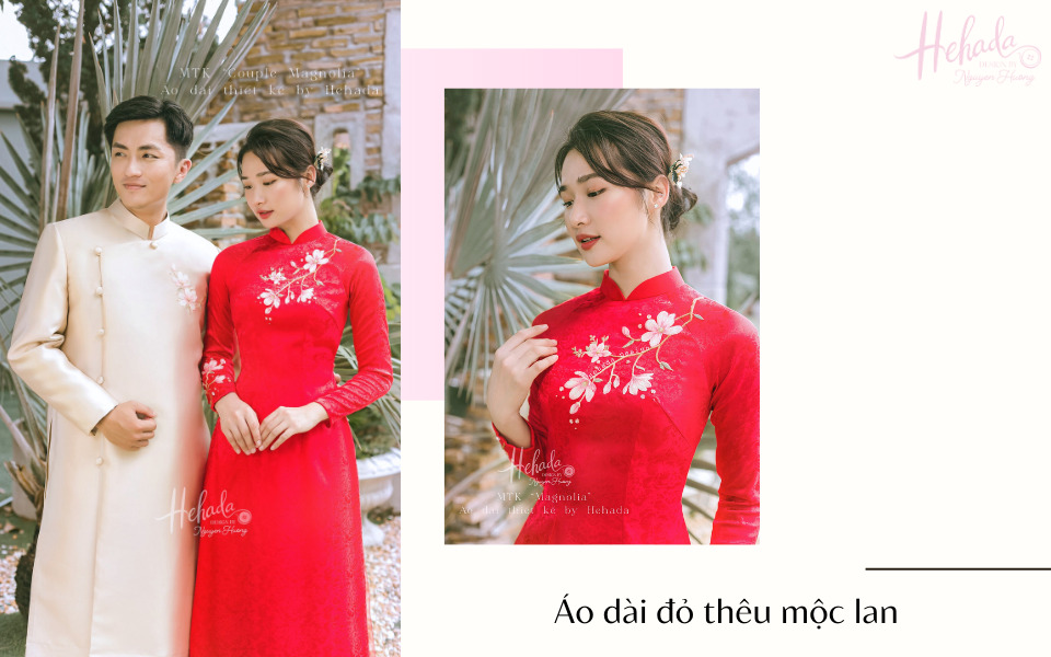 áo dài đám hỏi màu đỏ thêu mộc lan