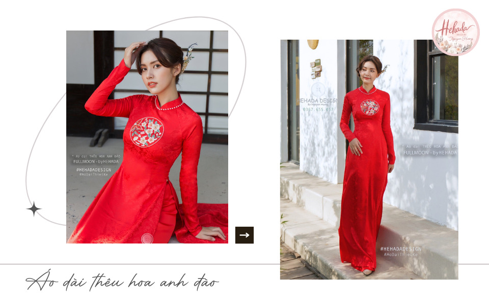 Áo dài cưới màu đỏ thêu hoa anh đào
