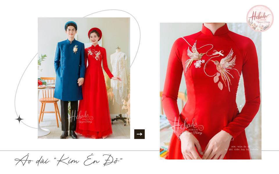 Áo dài cưới màu đỏ thêu én