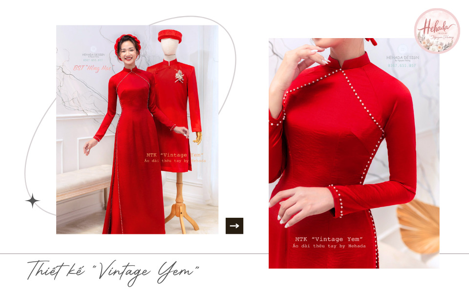 Áo dài cưới màu đỏ trơn đính ngọc