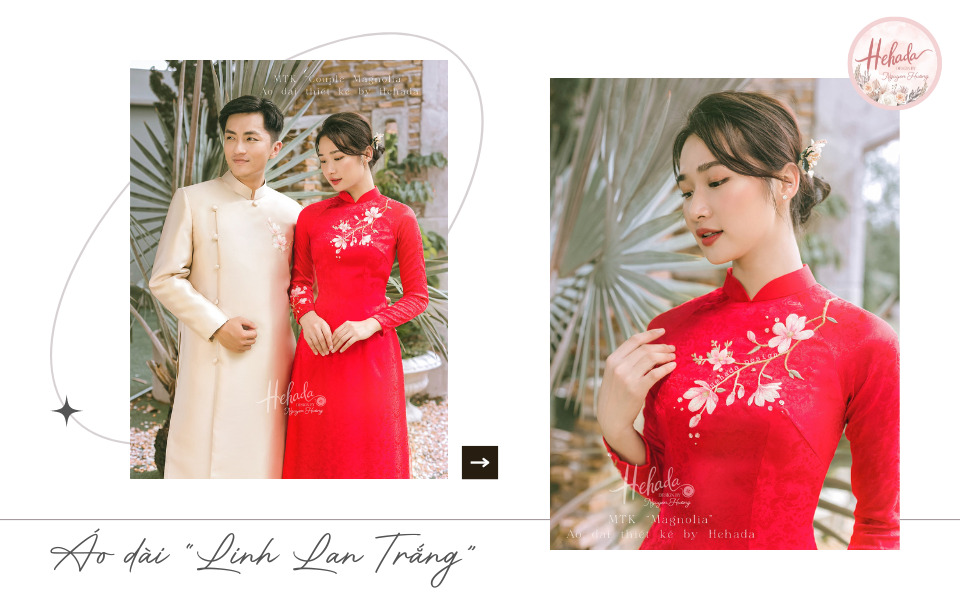Áo dài cưới đỏ thêu hoa linh lan trắng