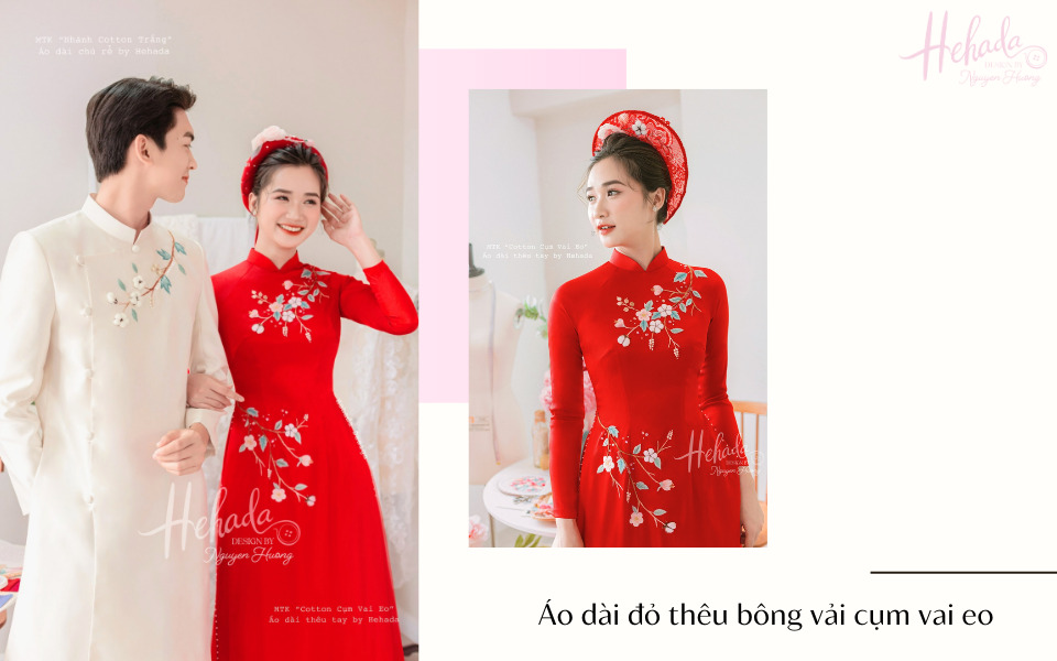áo dài đám hỏi màu đỏ thêu bông vải