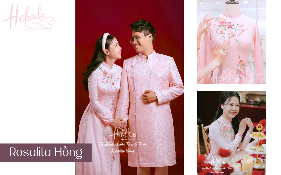 áo dài cô dâu màu hồng