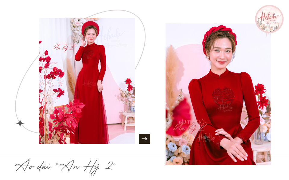 áo dài cưới màu đỏ đính đá song hỷ