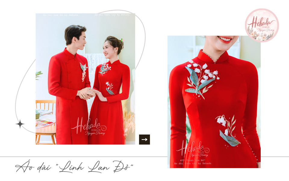 áo dài đỏ cô dâu thêu hoa lan chuông