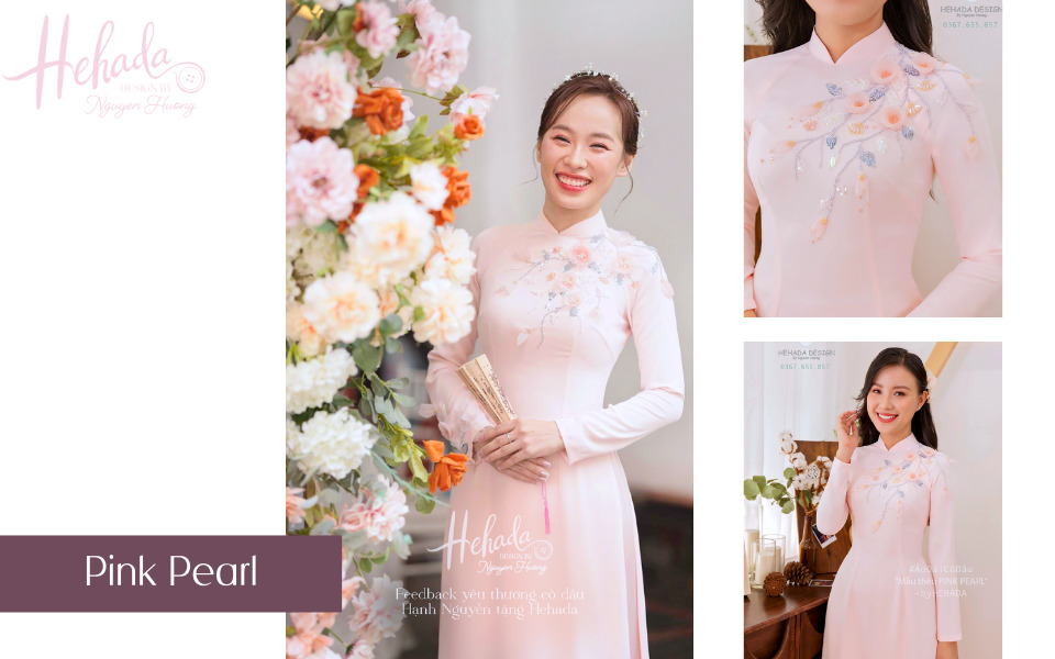 áo dài cưới màu hồng đính kết