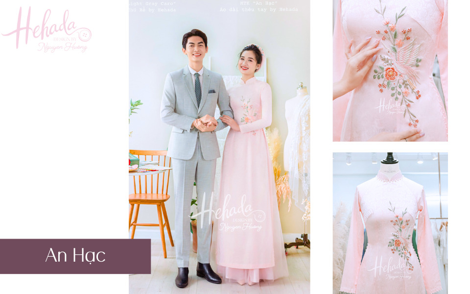 áo dài hồng cô dâu thêu hạc