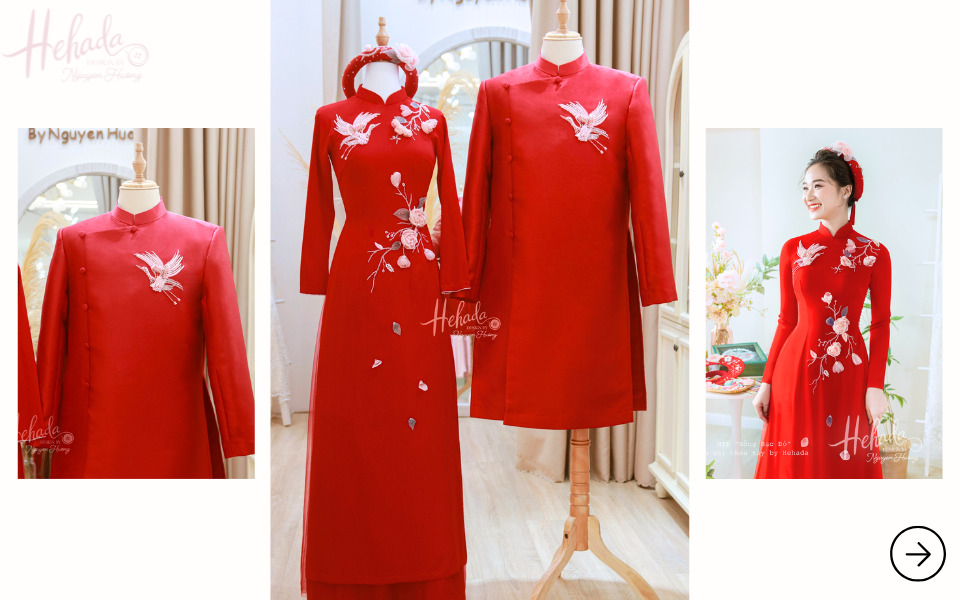 Áo dài cô dâu chú rể màu đỏ đính hạc và hoa