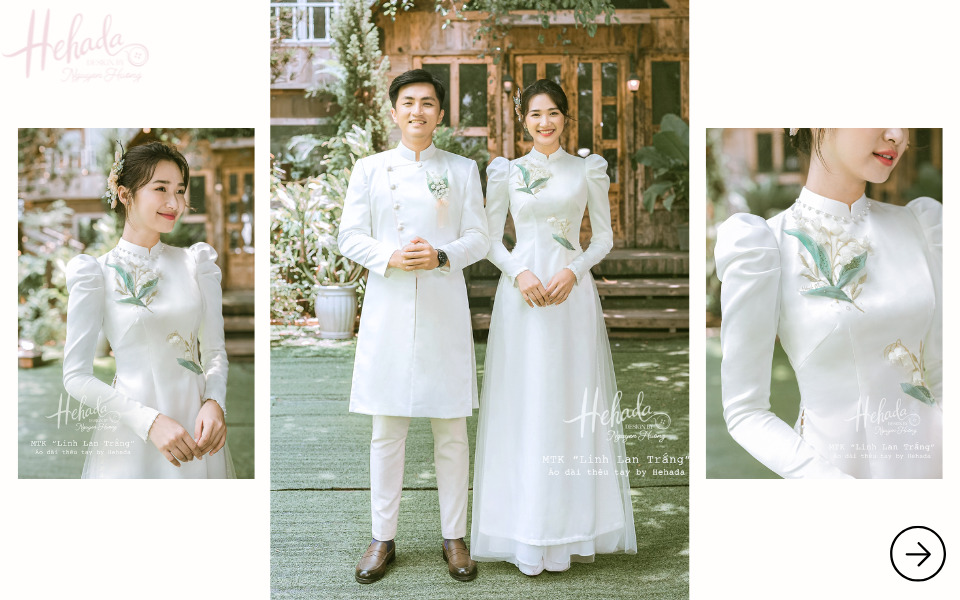Áo dài cô dâu chú rể màu trắng đính linh lan