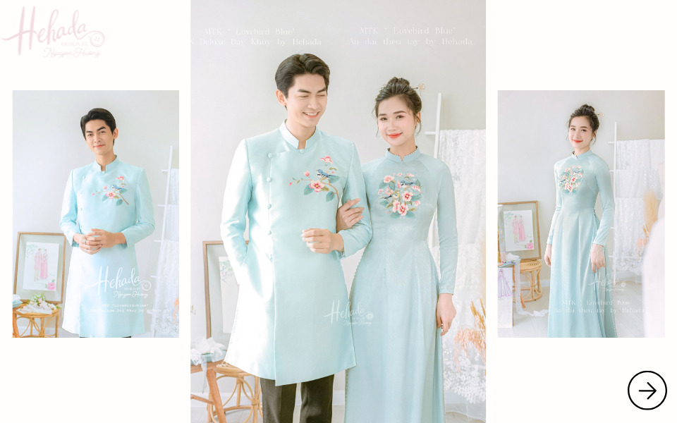 Áo dài cô dâu chú rể thêu lovebird xanh baby