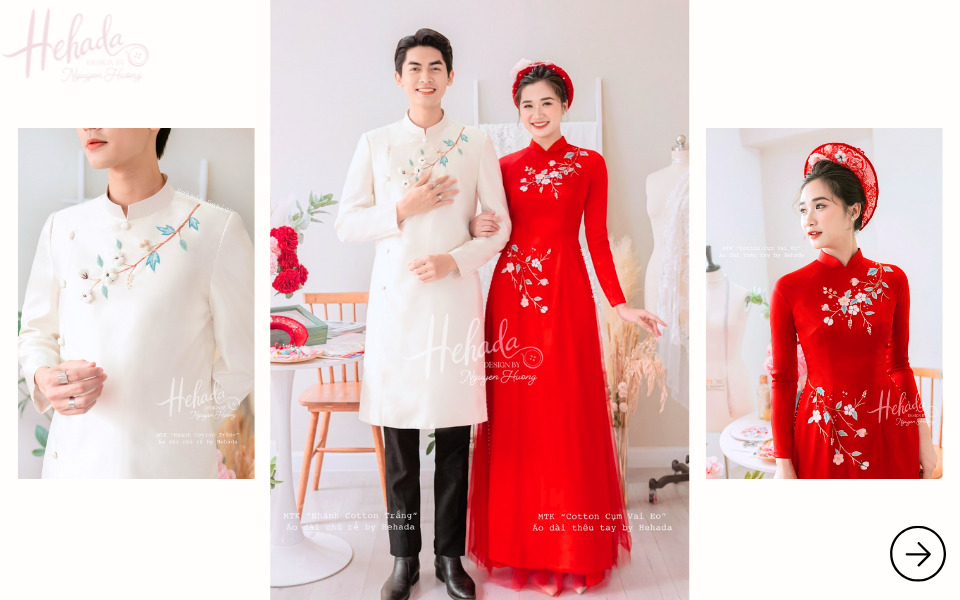 Áo dài cô dâu chú rể thêu tay cotton