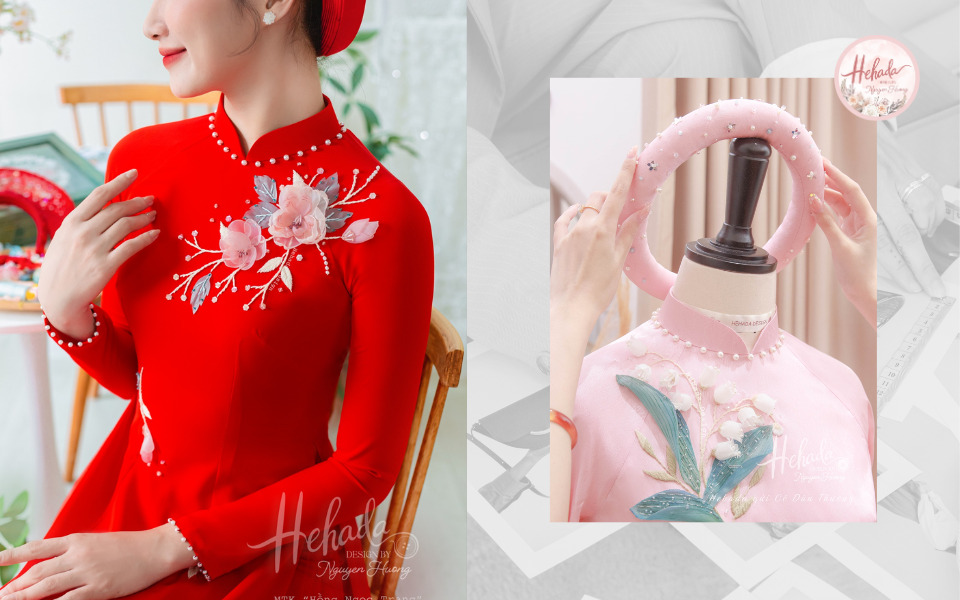 áo dài cổ đính ngọc