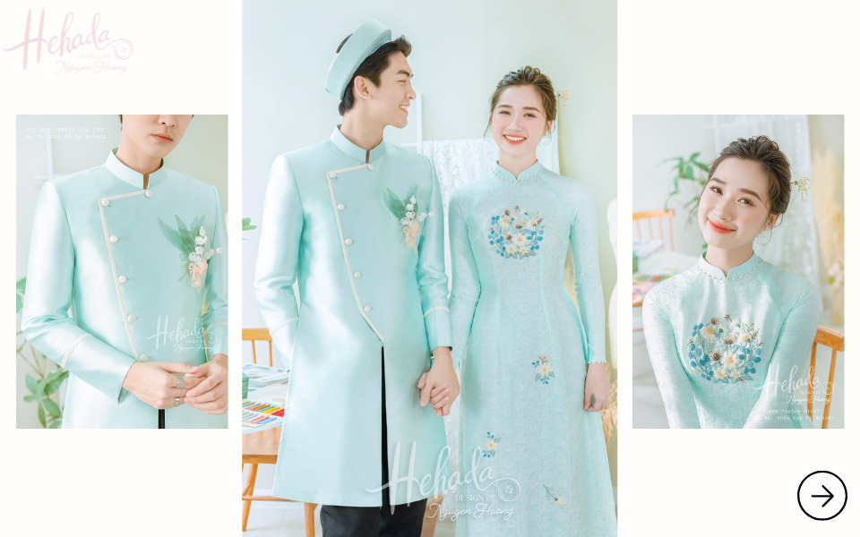 Áo dài đôi cô dâu chú rể xanh thêu hoa cúc