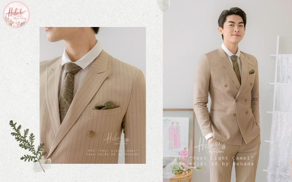 áo vest chú rể màu caramel kẻ sọc