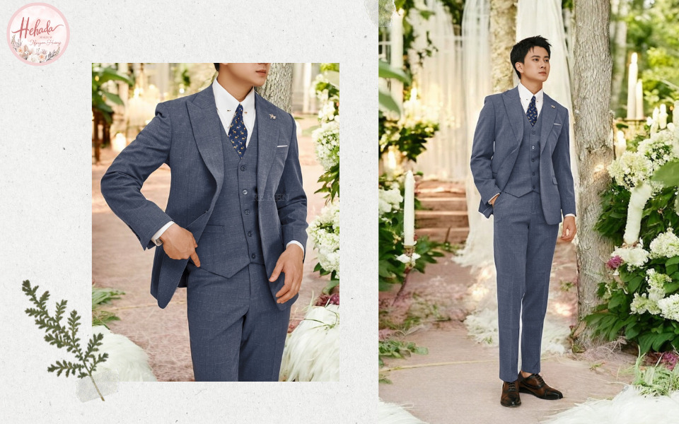 Mẫu áo vest chú rể màu xanh xám