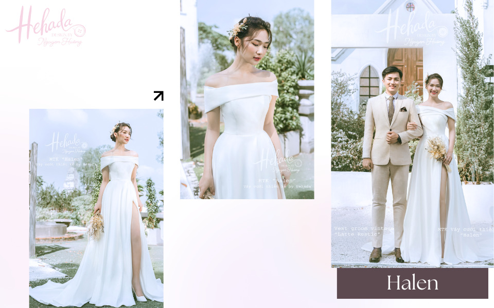 Váy cưới satin bẹt vai