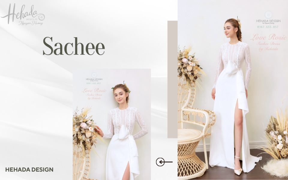 Váy đi bàn cô dâu xẻ tà phối nơ eo