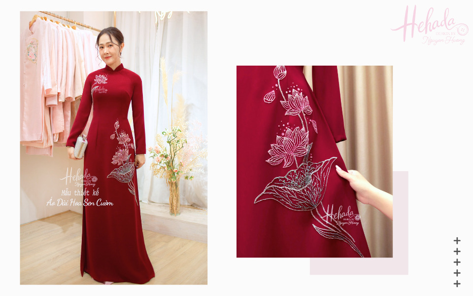 mẫu áo dài bà sui màu đỏ đính hoa sen