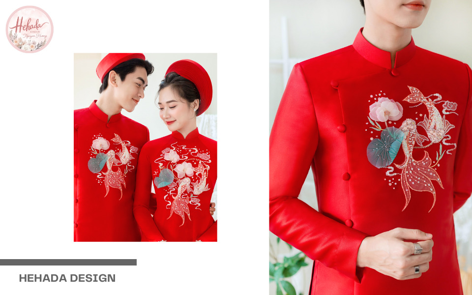 áo dài chú rể màu đỏ đính kết
