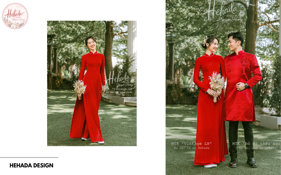 áo dài đính ngọc trai ở cổ đỏ trơn