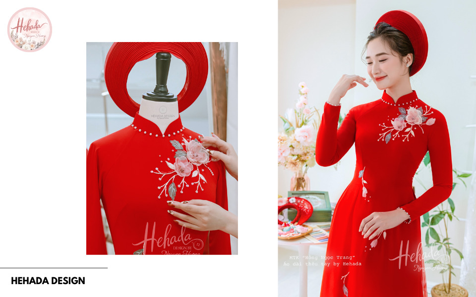 áo dài đính ngọc trai màu đỏ