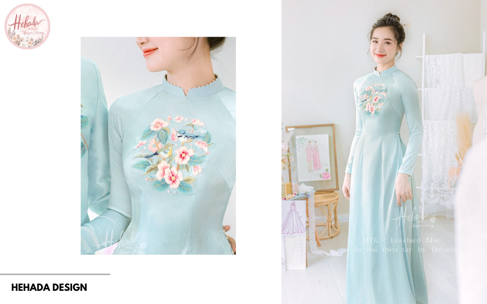 áo dài đính ngọc trai ở cổ xanh baby