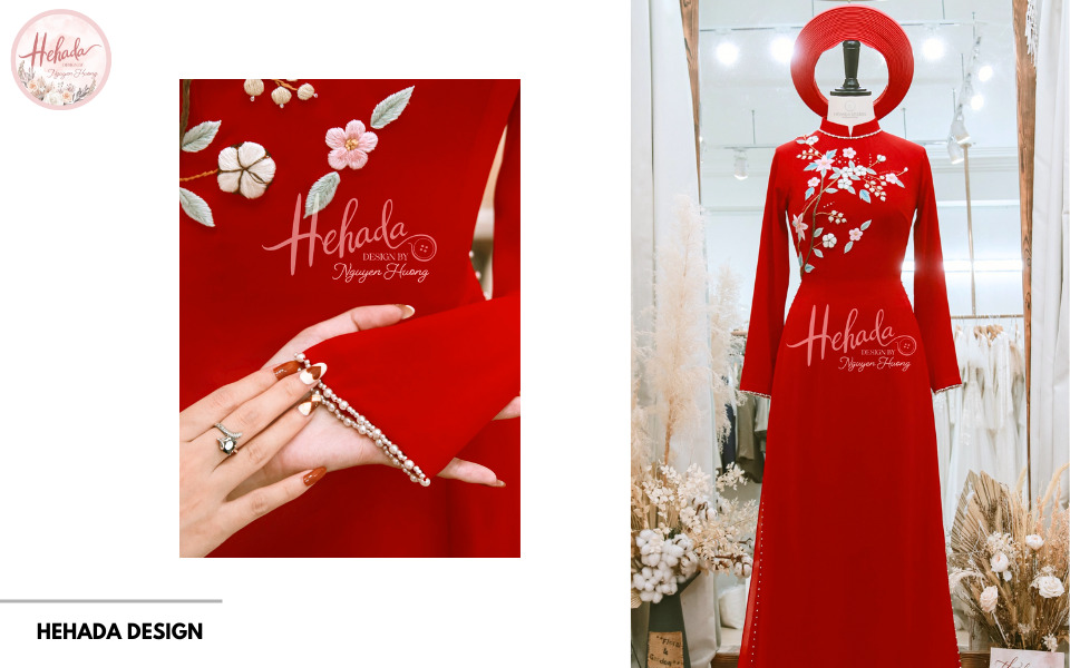áo dài đính ngọc trai hoa cotton