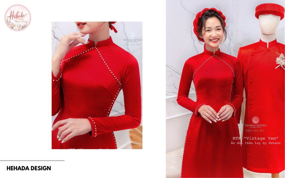 áo dài đính ngọc trai yếm đỏ