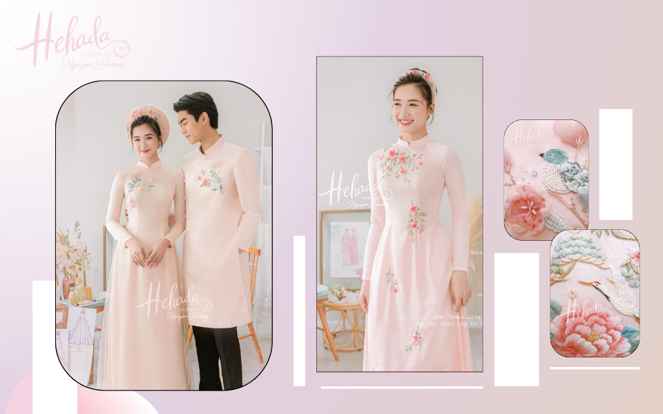 chụp ảnh cưới với áo dài màu hồng