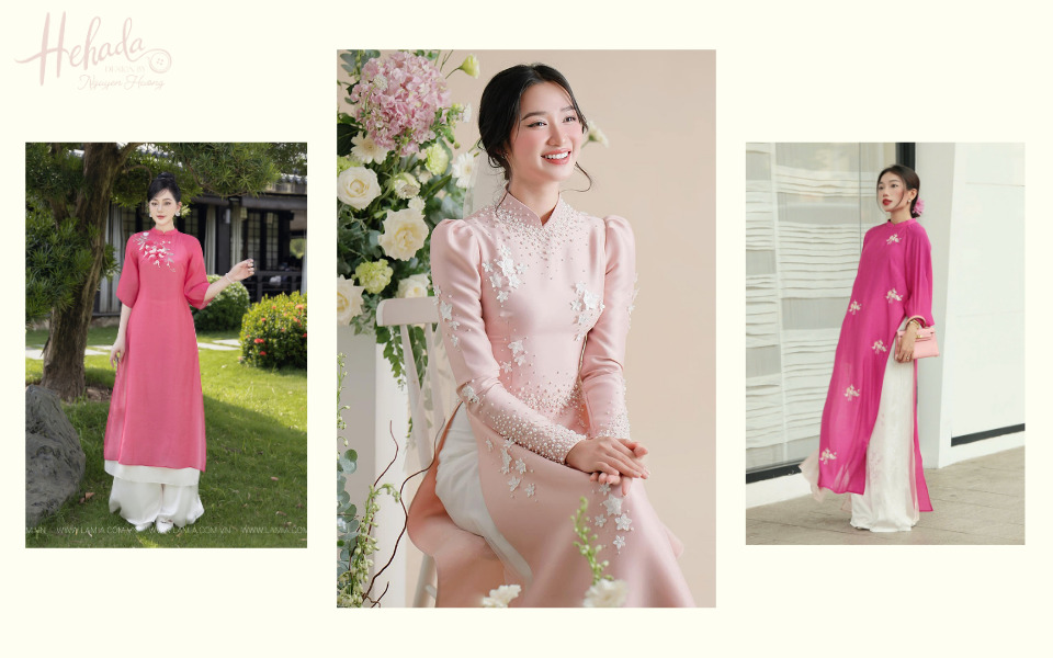 áo dài màu hồng phối quần màu trắng