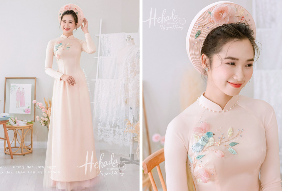 áo dài kết cườm màu đào