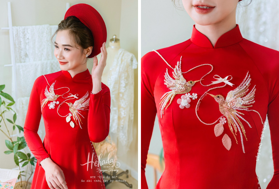 áo dài kết cườm màu đỏ