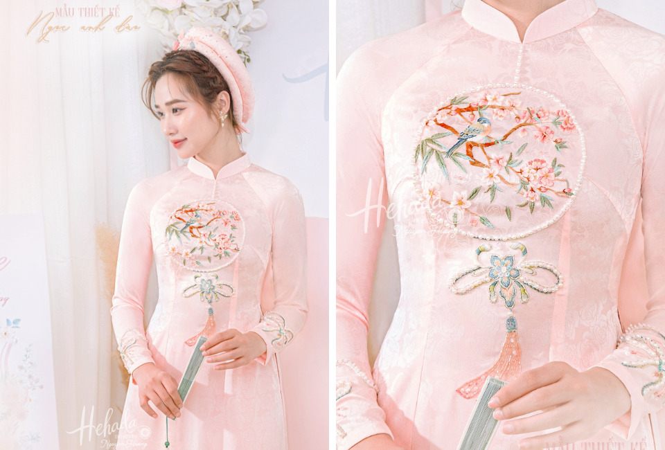 áo dài kết cườm thêu anh đào