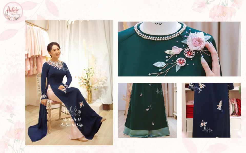 mẫu áo dài cho mẹ cô dâu đính ngọc trai viền tà