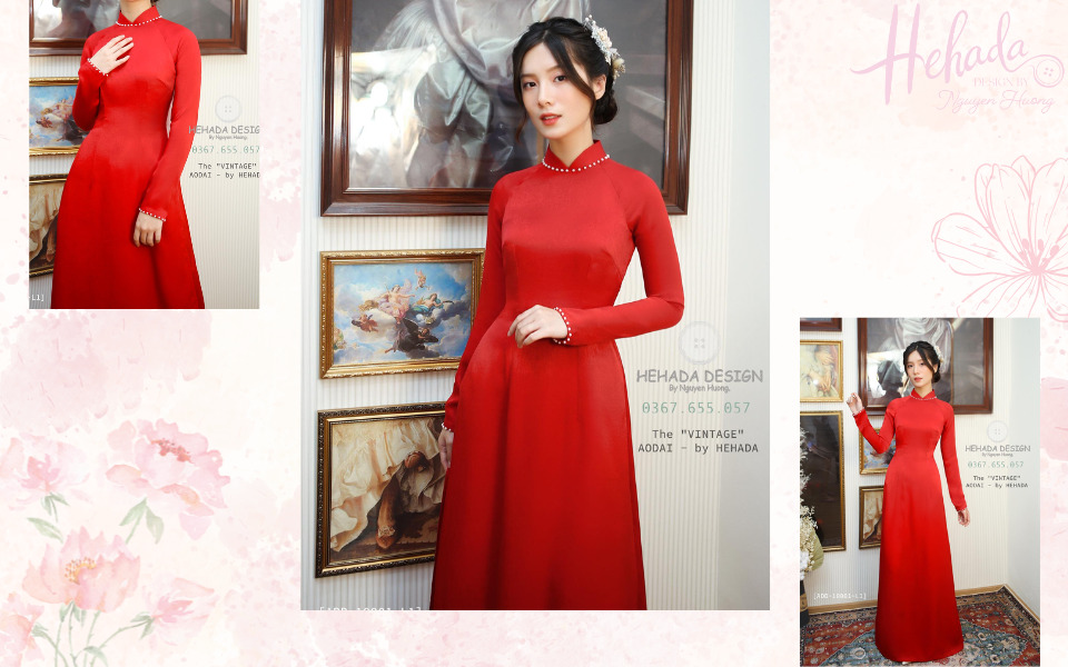 áo dài phụ dâu màu đỏ đính ngọc trai