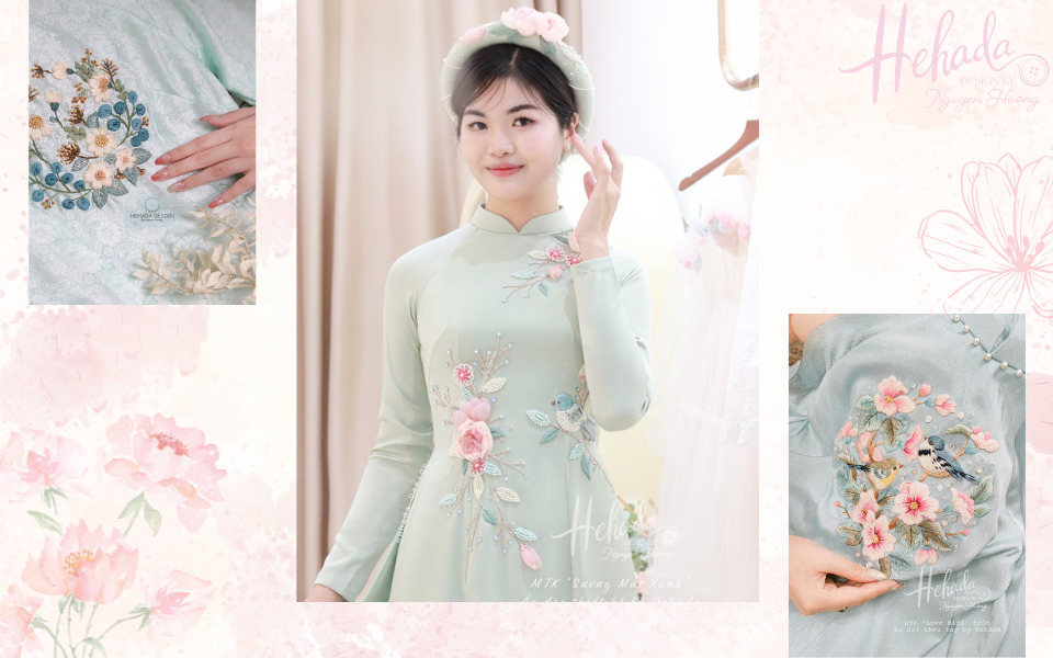 áo dài phụ dâu màu xanh họa tiết
