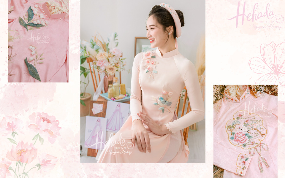 áo dài phụ dâu màu hồng họa tiết