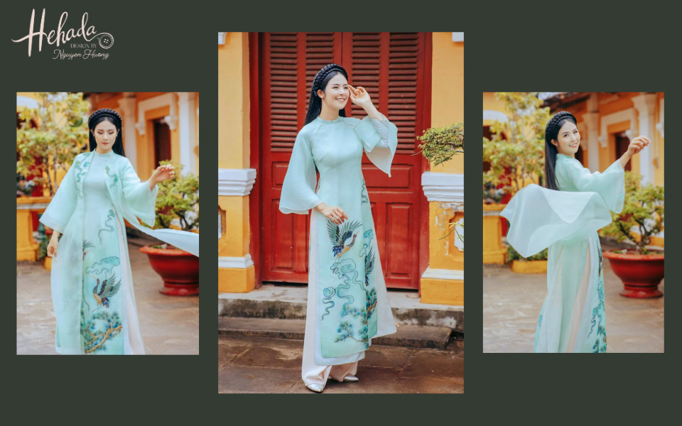 áo dài xanh ngọc phối quần màu be