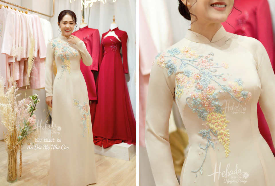 áo dài kết cườm màu vàng