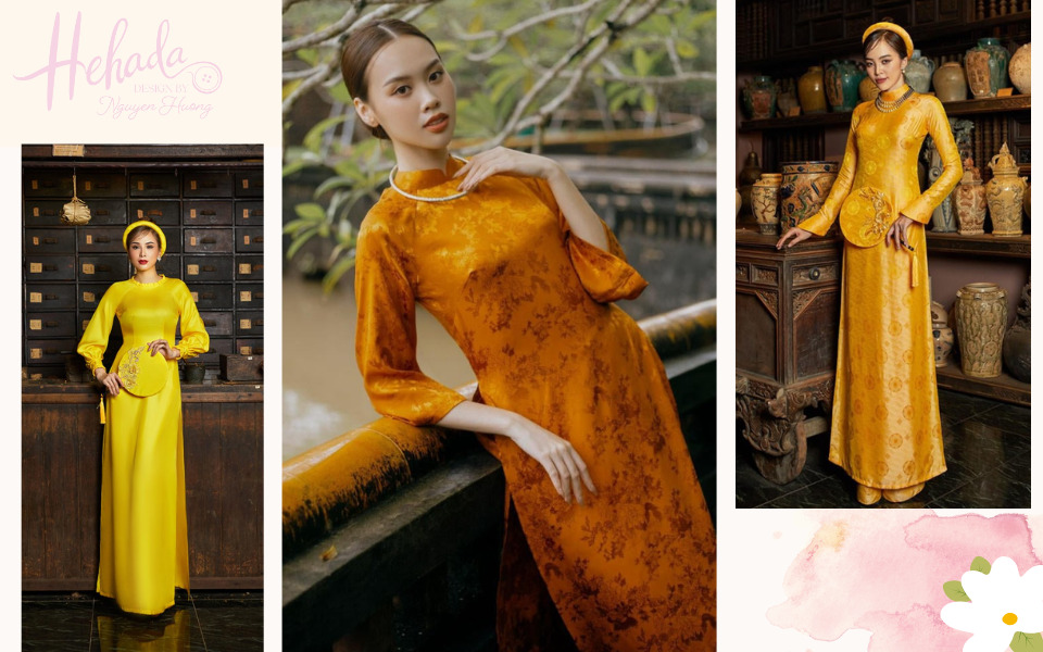 áo dài vàng dễ kết hợp phụ kiện