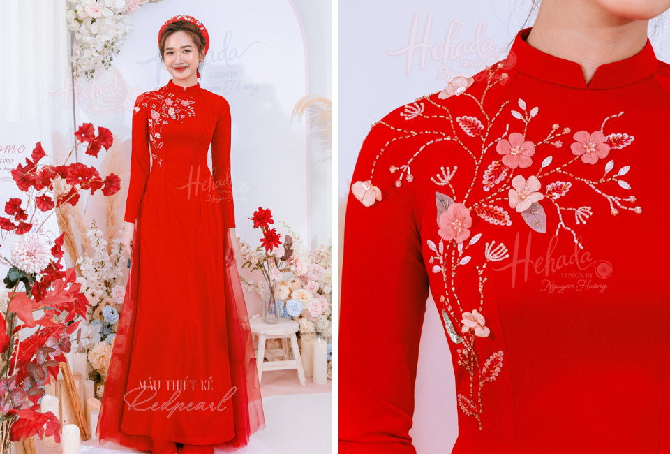áo dài kết cườm họa tiết hoa mai