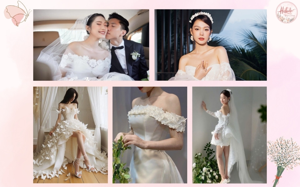 Váy cưới ngắn trễ vai