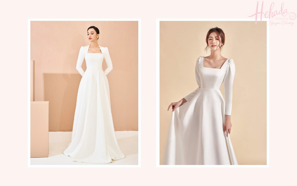 váy cưới Hàn Quốc satin cổ vuông