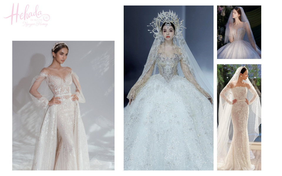 váy cưới luxury trong suốt đính kết 3D