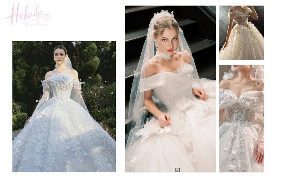 váy trễ vai thêu hoa 3D luxury