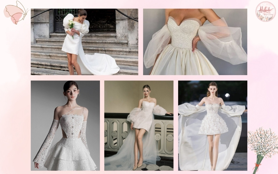 mẫu váy cưới ngắn tay bồng đẹp