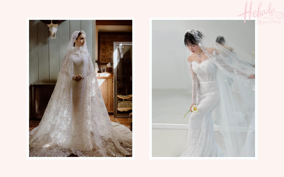 váy cưới phối cape ren xuyên thấu