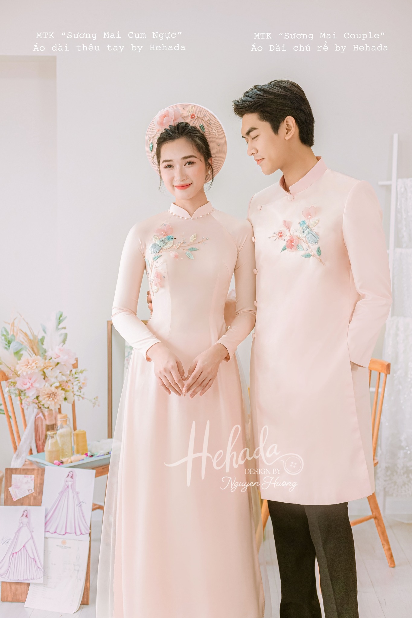 Áo dài cặp Sương Mai Hồng